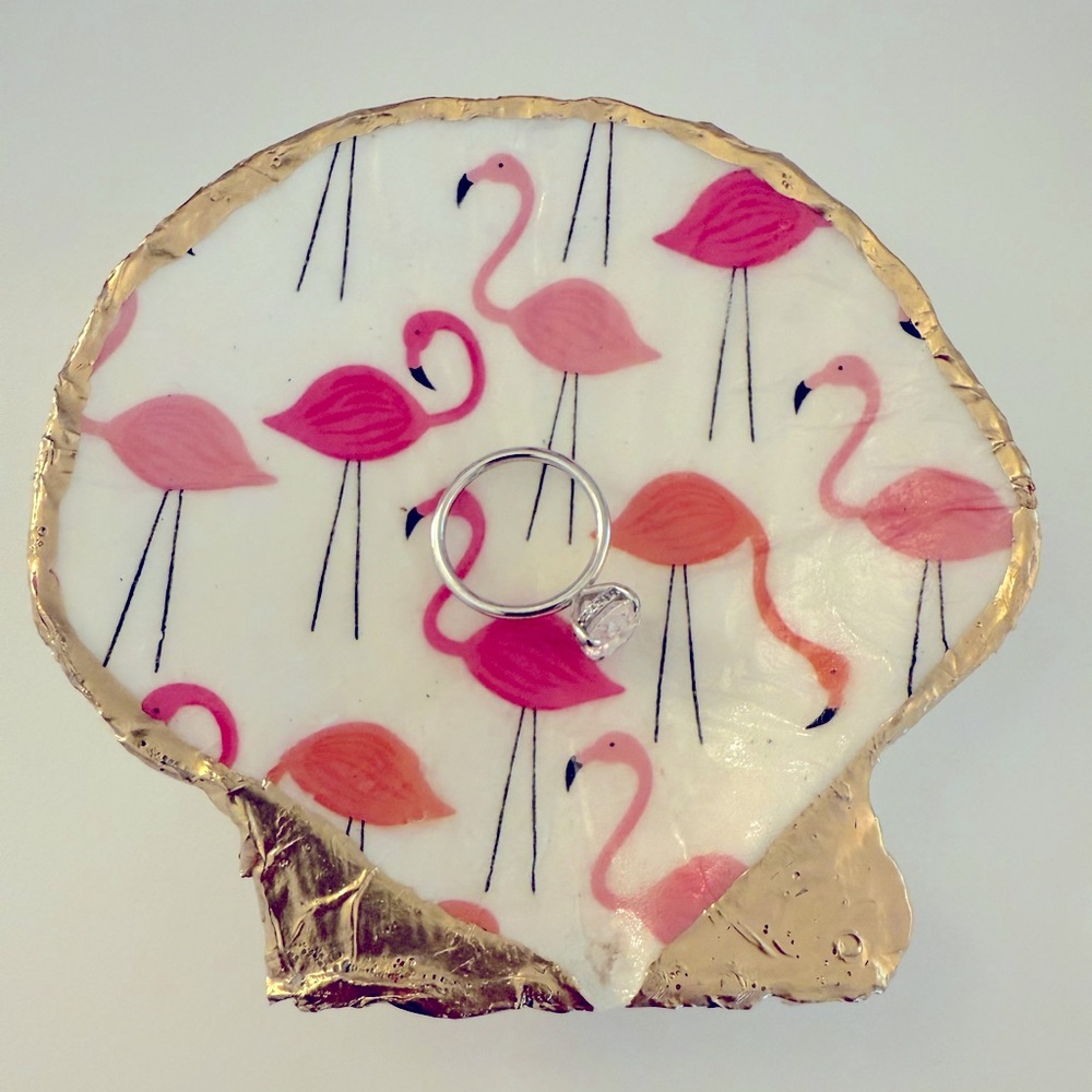 Flamingo Trinket Sea Shell Dish with Gold Accents
